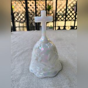 Fenton White Iridescent  Floral Design with Cross Handle Bell